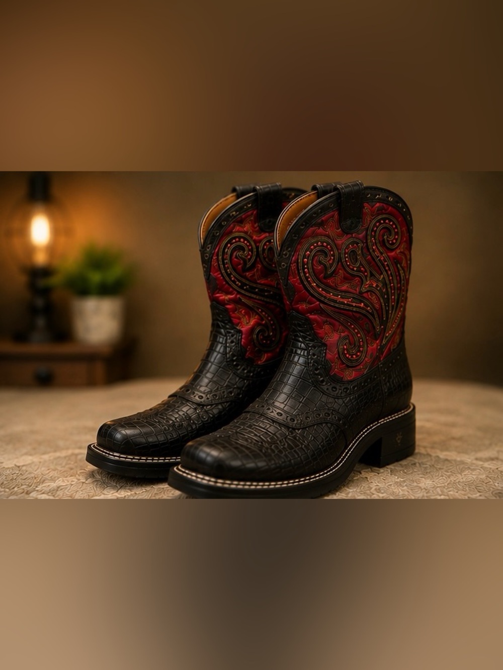 Ariat Women’s Western Cowboy Boots Black Red Croc Rhinestone 7.5B